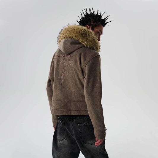 SAVAGEGROWTHWORLD Detachable Fur Collar Double-Zipper Coat
