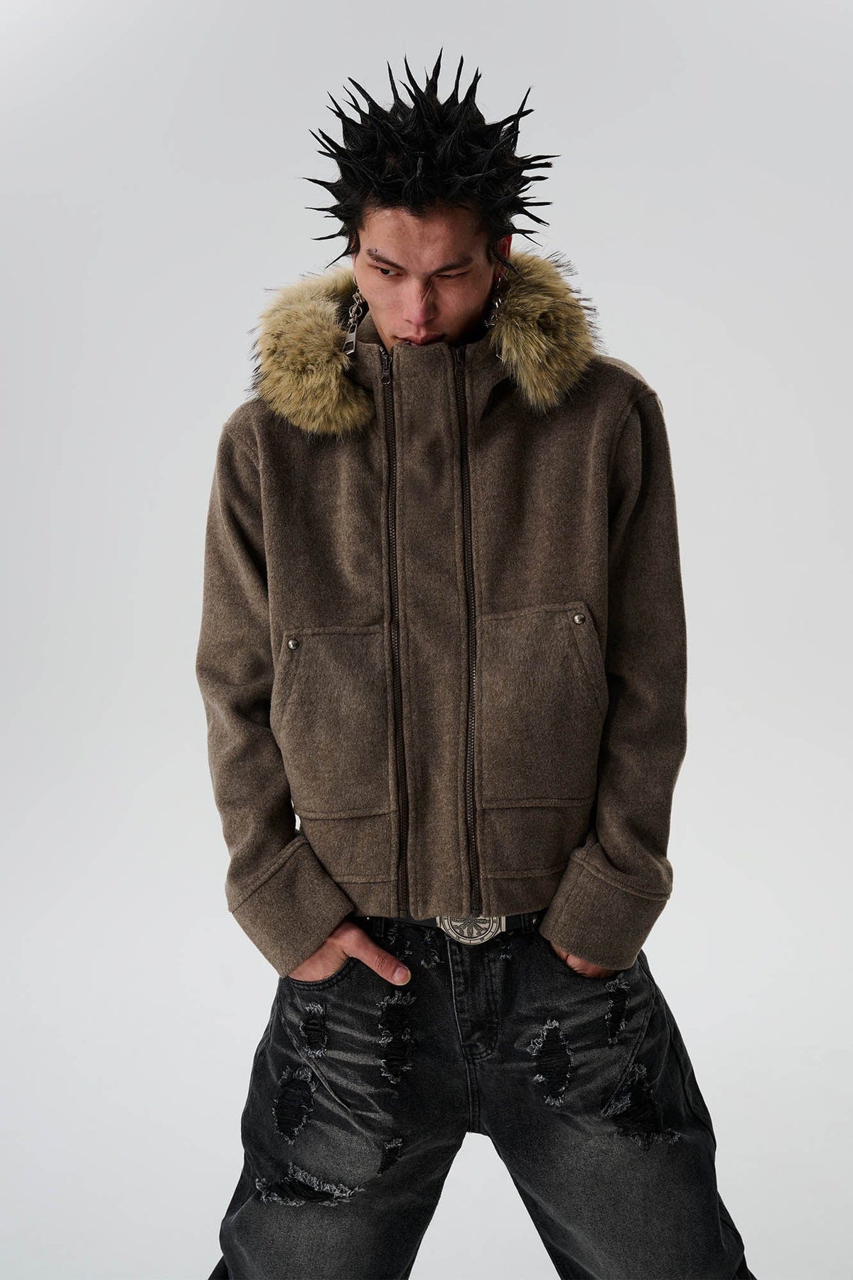 SAVAGEGROWTHWORLD Detachable Fur Collar Double-Zipper Coat