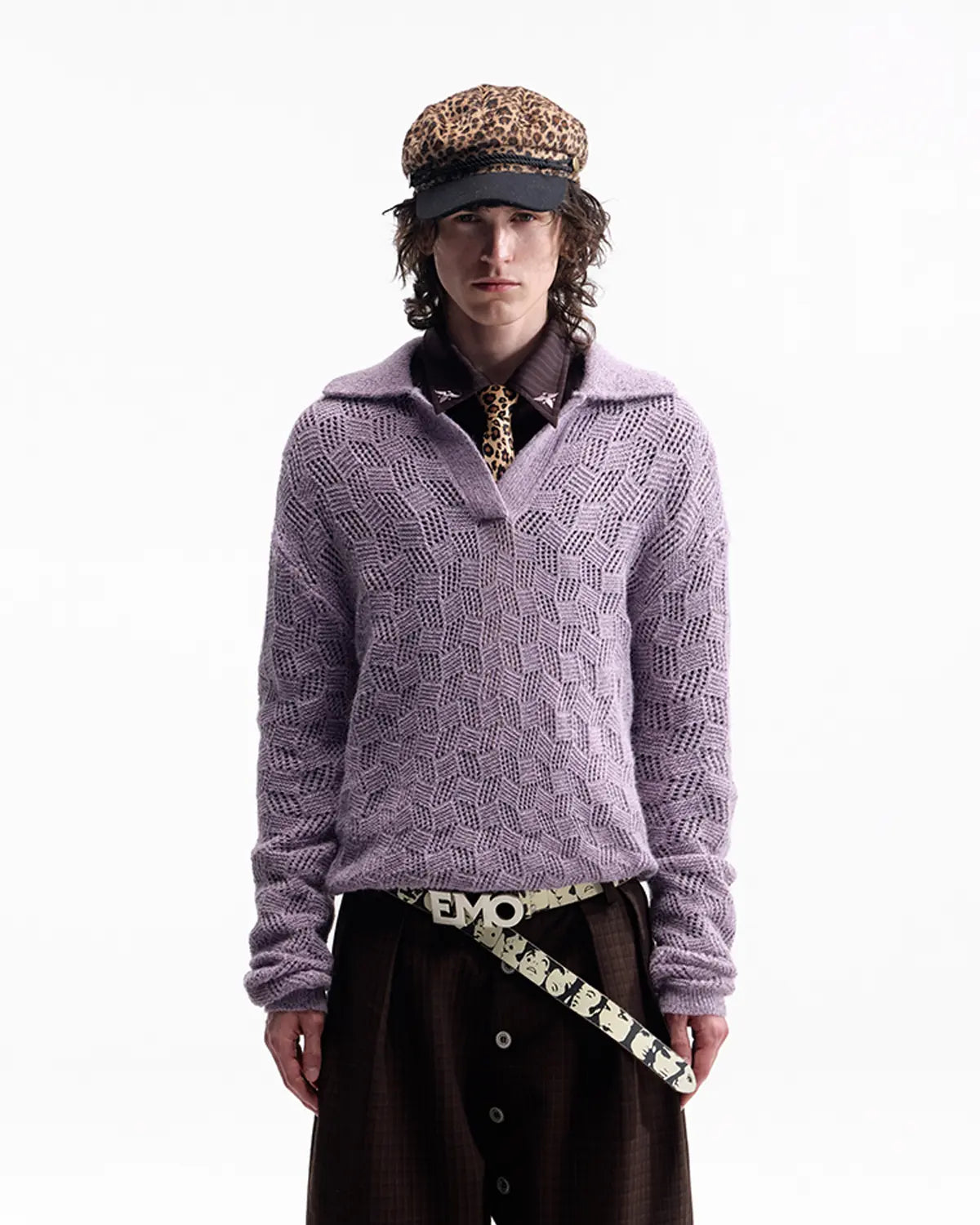 EMO Open-Neck Diamond Knit Relaxed Polo Purple
