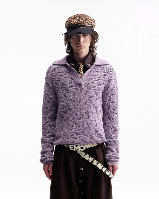 EMO Open-Neck Diamond Knit Relaxed Polo Purple