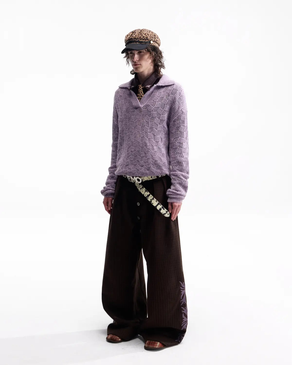 EMO Open-Neck Diamond Knit Relaxed Polo Purple