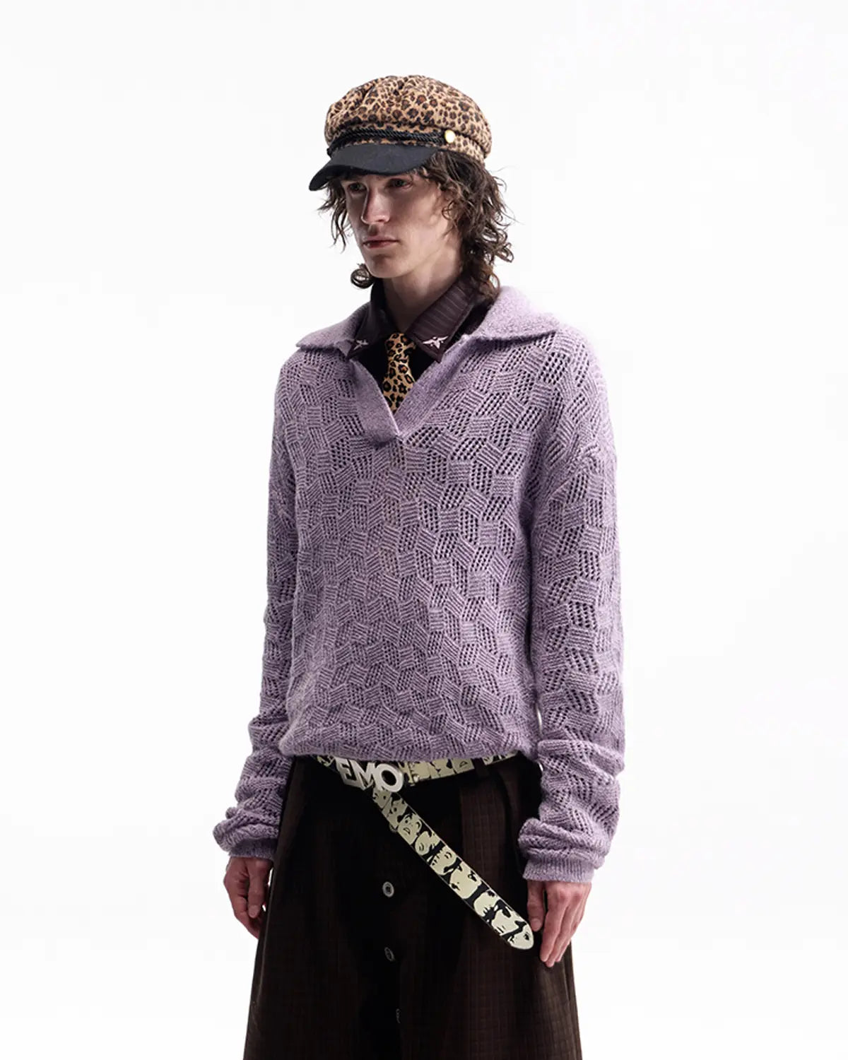 EMO Open-Neck Diamond Knit Relaxed Polo Purple