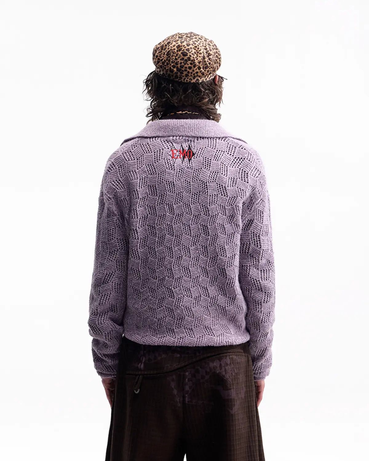 EMO Open-Neck Diamond Knit Relaxed Polo Purple