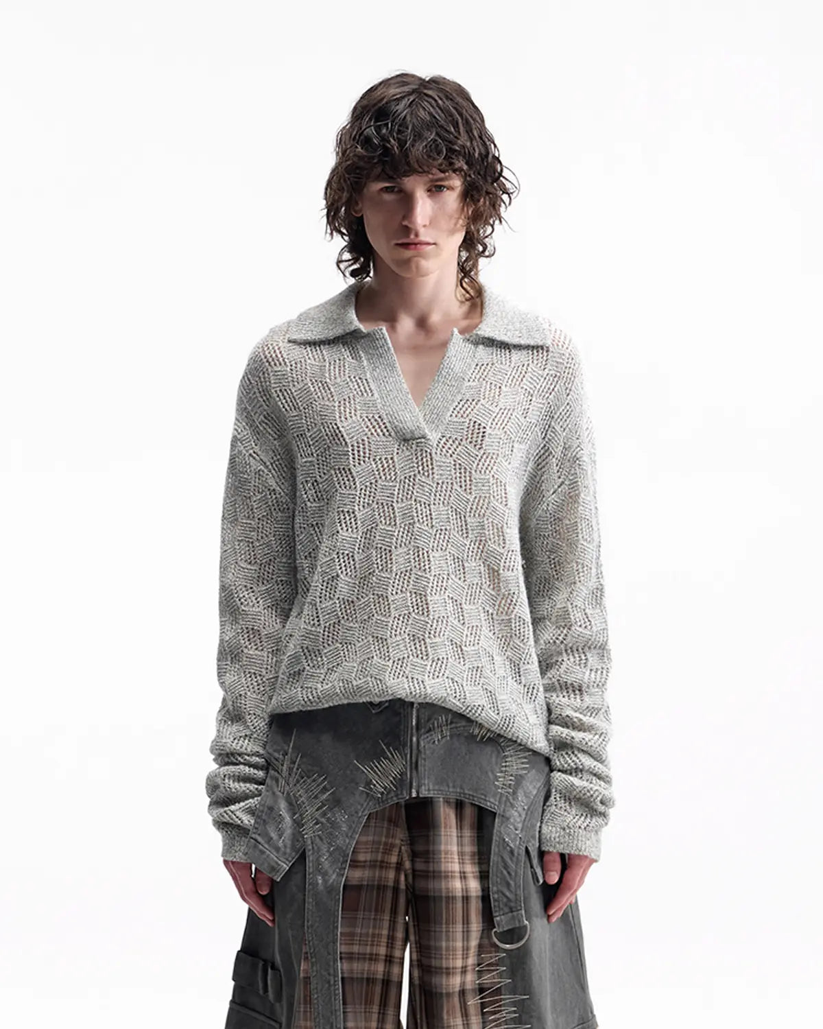 EMO Open-Neck Diamond Knit Relaxed Polo Grey
