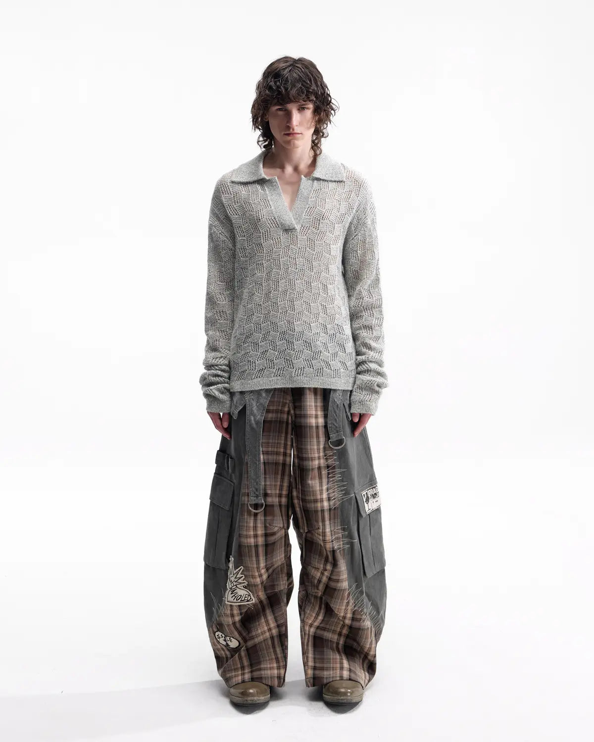 EMO Open-Neck Diamond Knit Relaxed Polo Grey