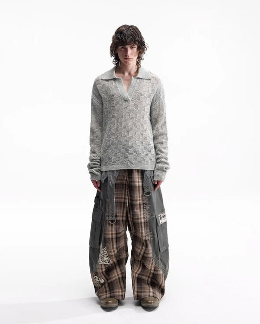 EMO Open-Neck Diamond Knit Relaxed Polo Grey