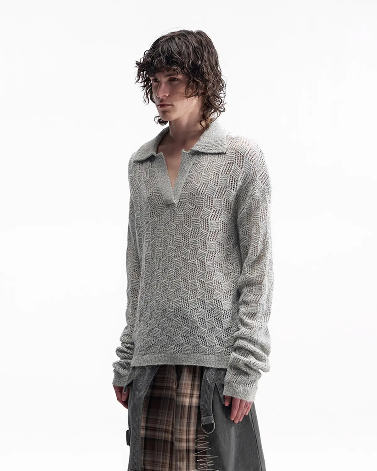 EMO Open-Neck Diamond Knit Relaxed Polo Grey