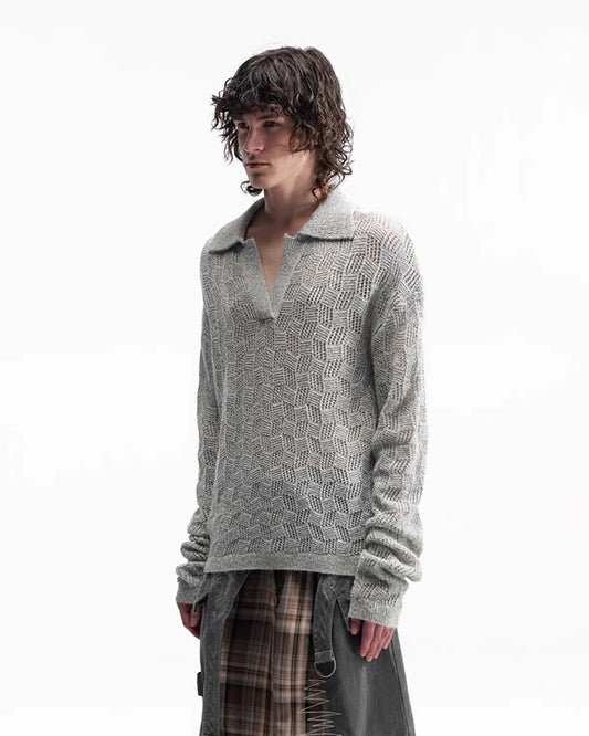 EMO Open-Neck Diamond Knit Relaxed Polo Grey