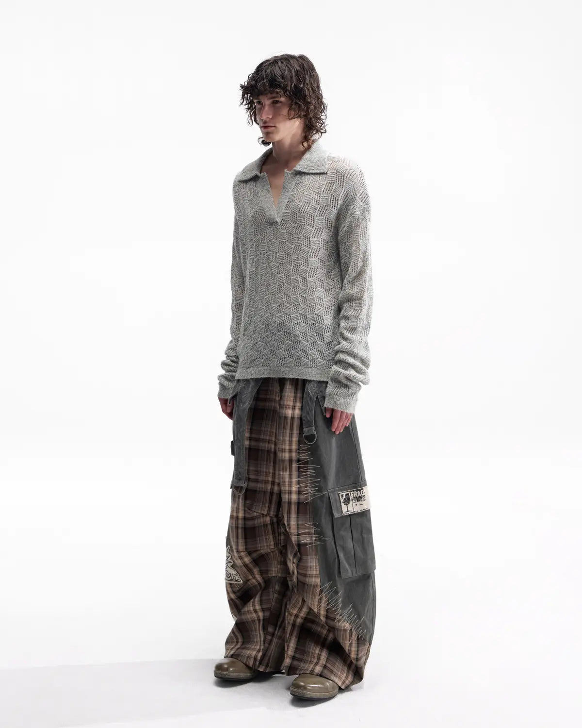 EMO Open-Neck Diamond Knit Relaxed Polo Grey