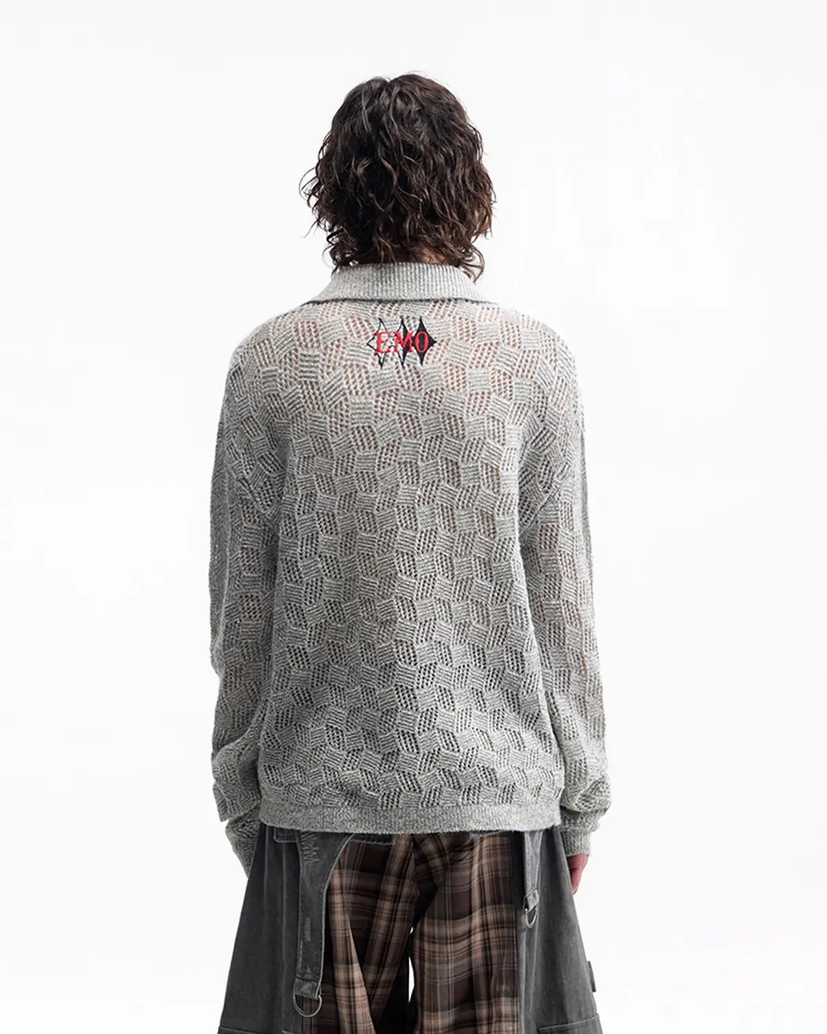EMO Open-Neck Diamond Knit Relaxed Polo Grey