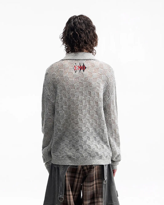 EMO Open-Neck Diamond Knit Relaxed Polo Grey