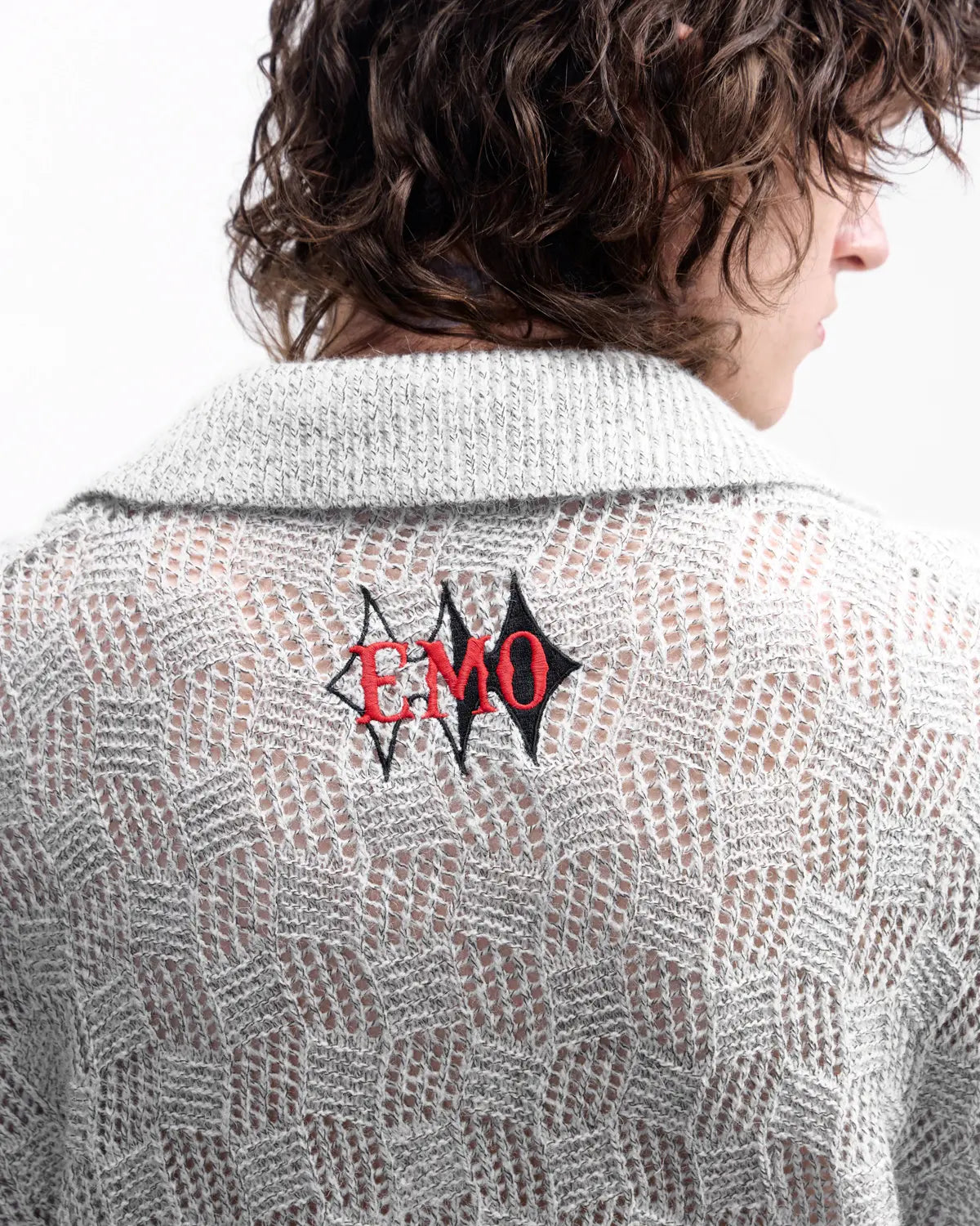 EMO Open-Neck Diamond Knit Relaxed Polo Grey