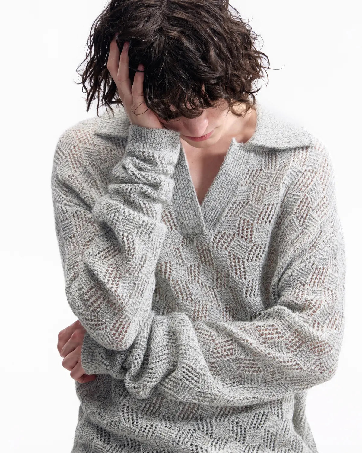 EMO Open-Neck Diamond Knit Relaxed Polo Grey