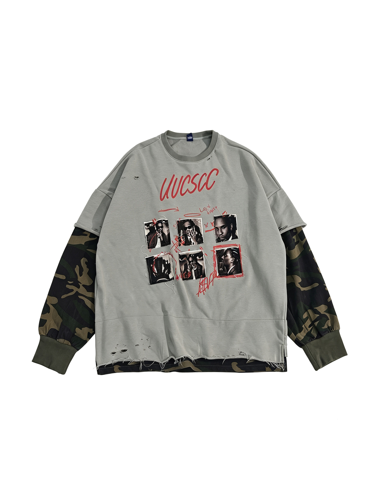UUCSCC Retro Camo Spliced Distressed Oversized Crewneck Sweatshirt