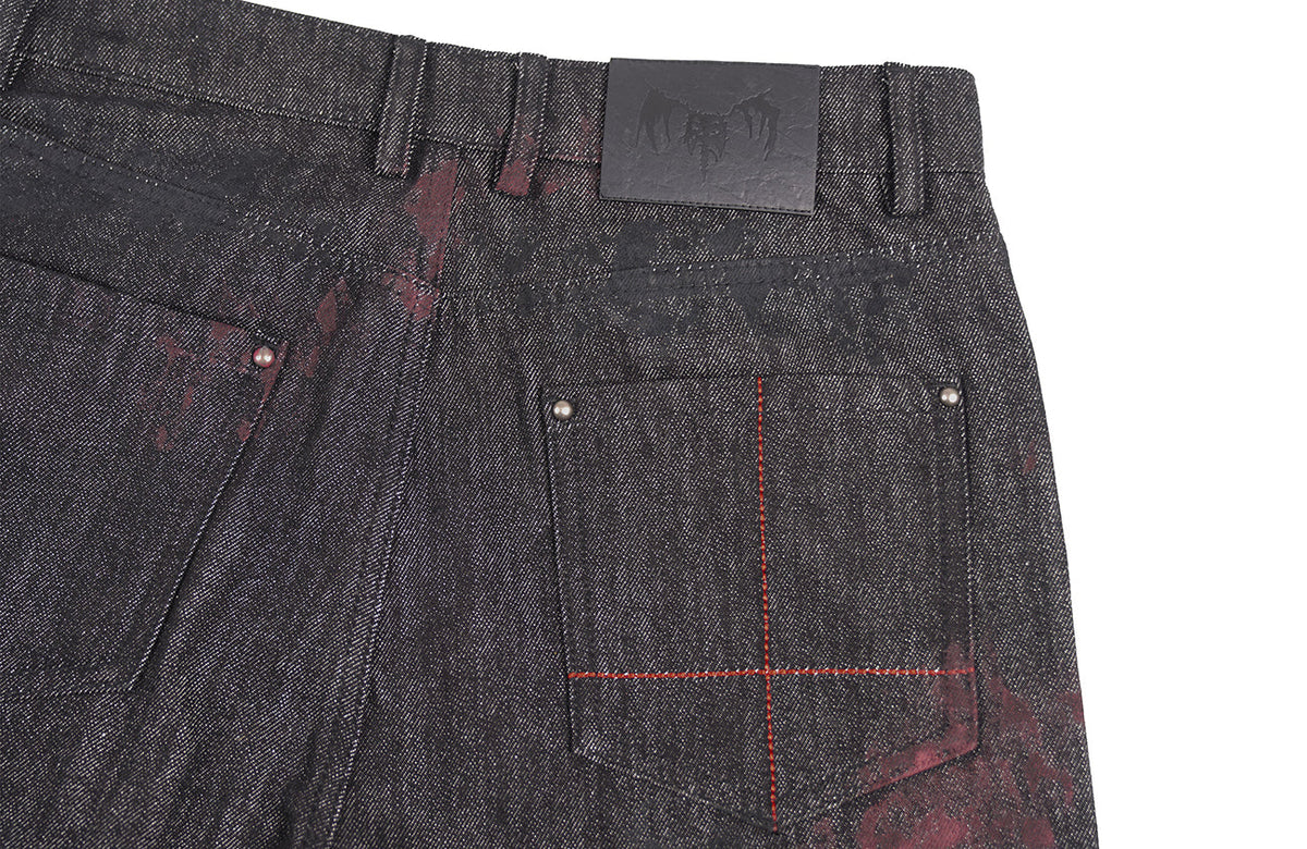 UNDERWATER Bloodstained Raw Flared Denim Pants