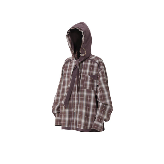 RELABEL Detachable Hood Plaid Frayed Oversized Shirt