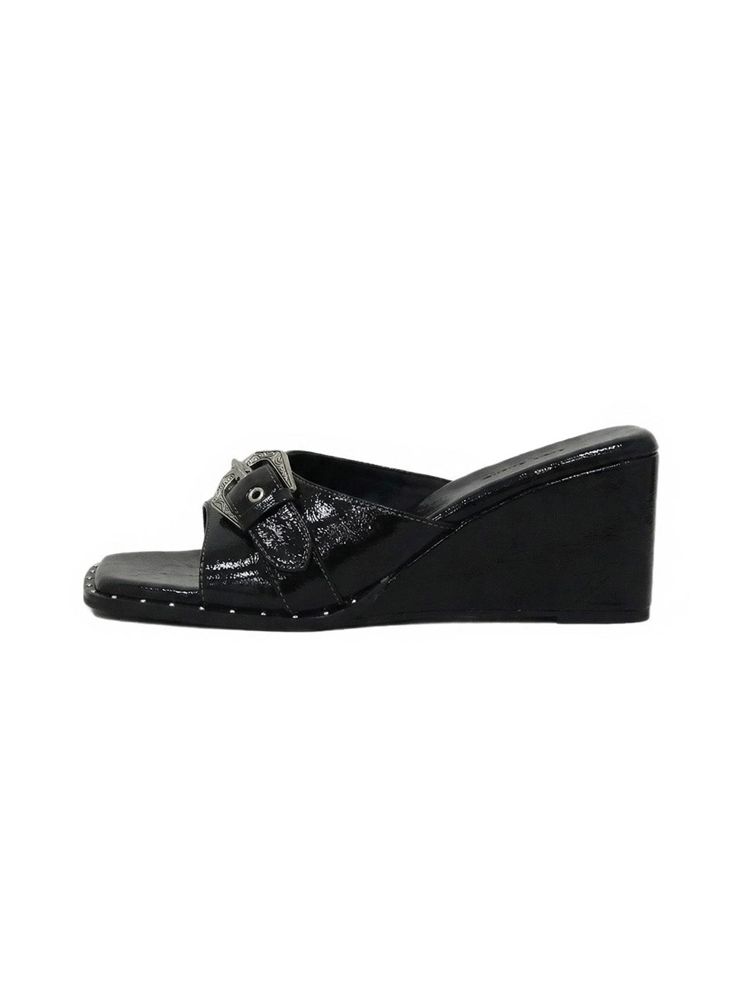Black Leather Square-Toe Wedge Sandals