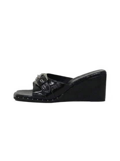 Black Leather Square-Toe Wedge Sandals