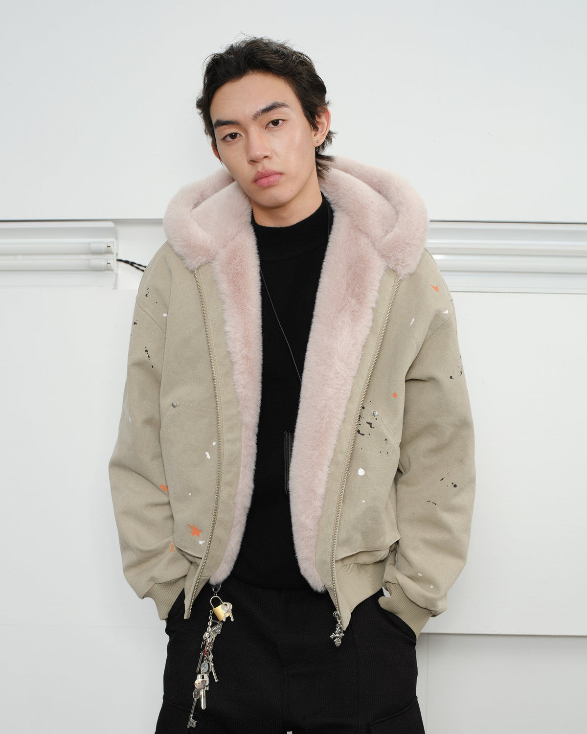 KREATE Rivet Zipper Paint-splattered Fleece-Lined Hooded Jacket