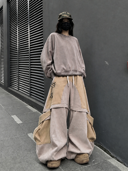 UUCSCC Spliced Large-Pocket Wide-Leg Curved Pants