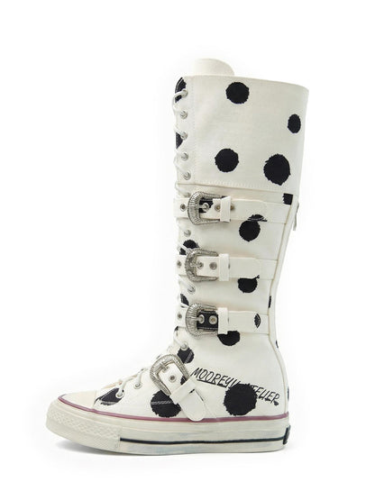 White Polka Dot Lace-Up Boots