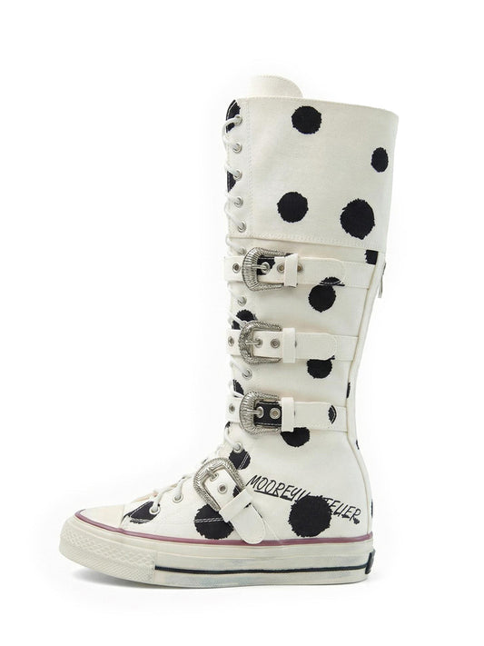 White Polka Dot Lace-Up Boots