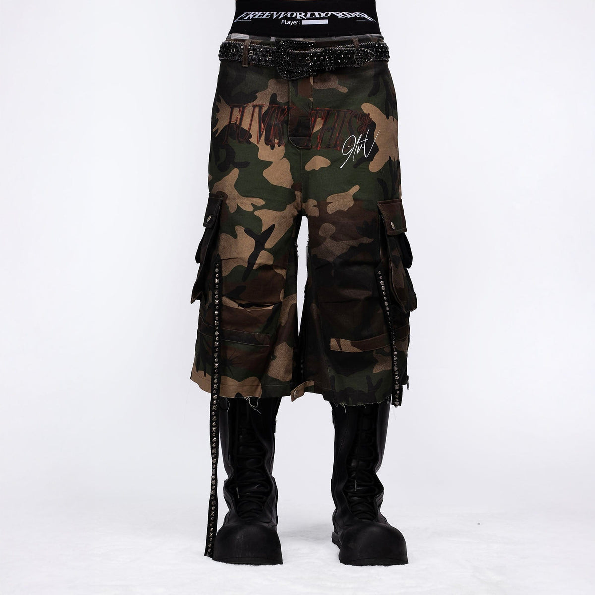 FVVO Distressed Rivet Strap Cargo Shorts Camo