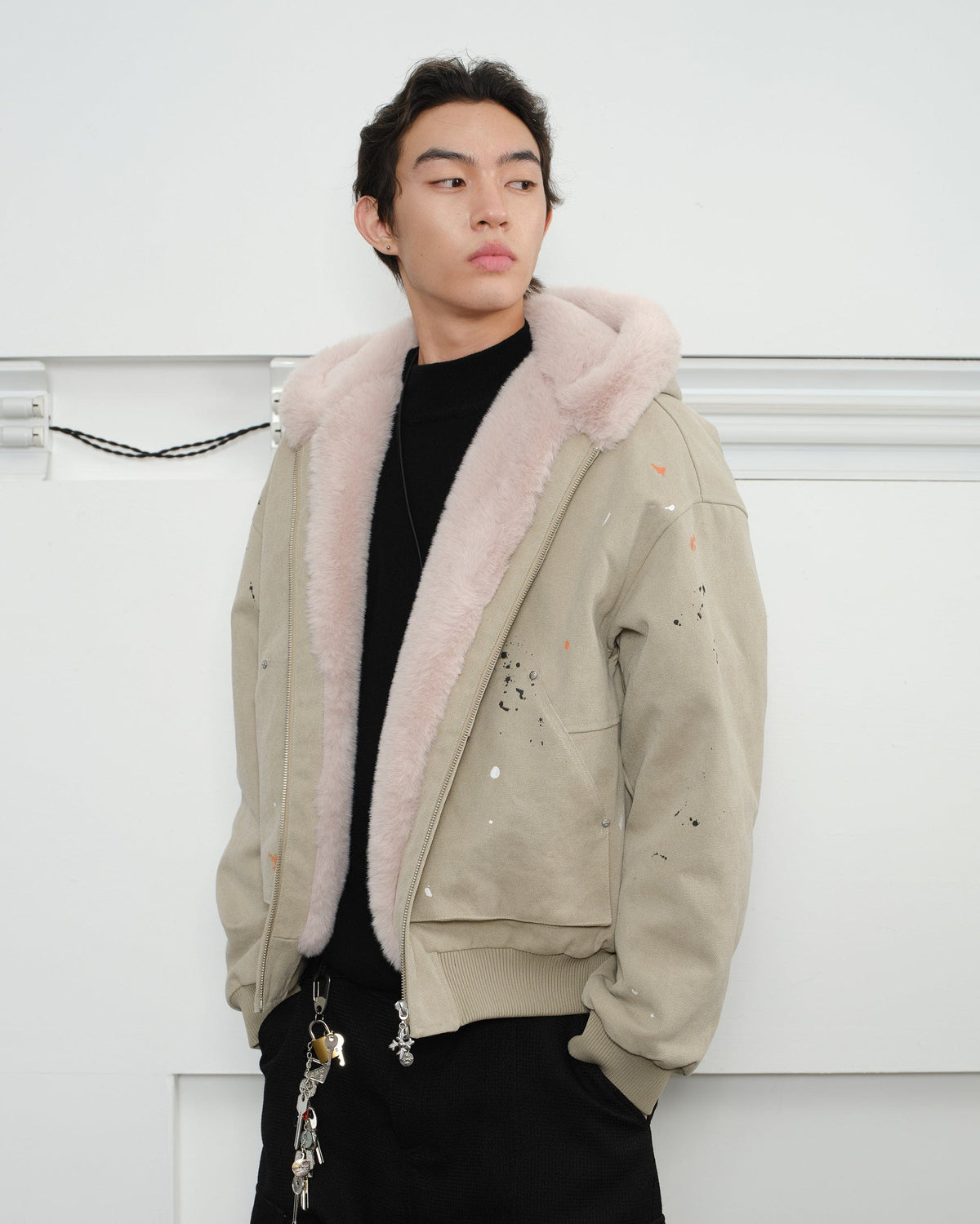 KREATE Rivet Zipper Paint-splattered Fleece-Lined Hooded Jacket