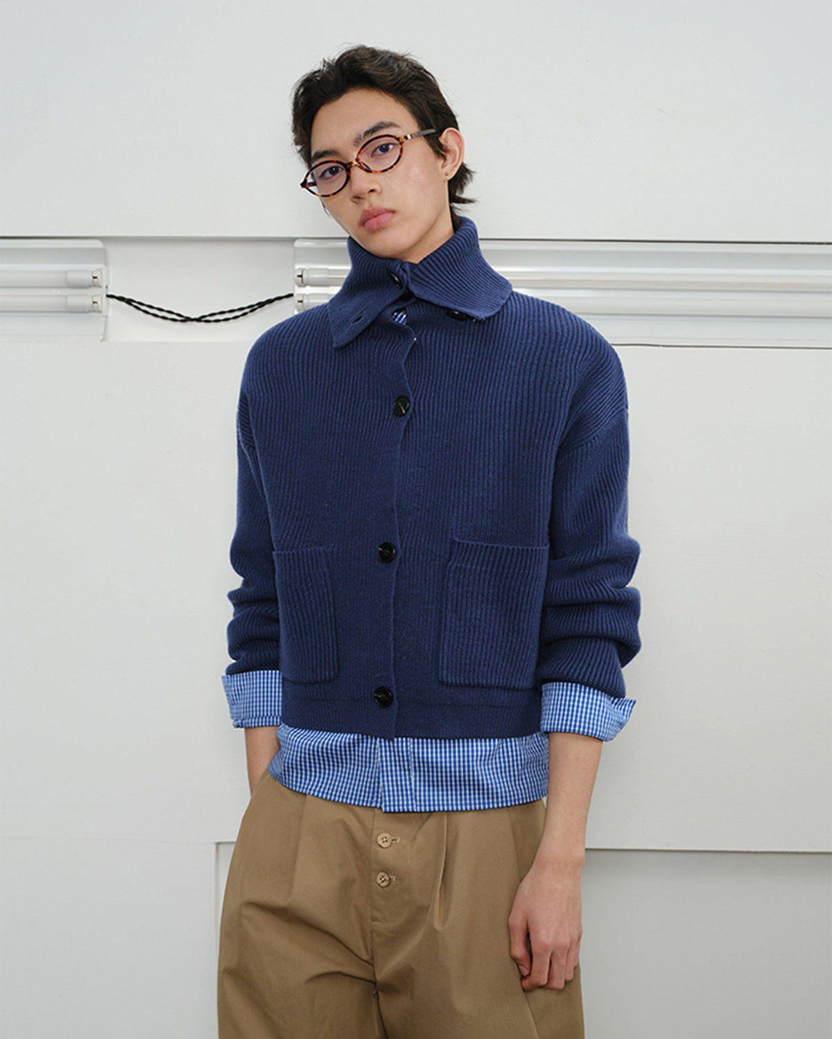 KREATE High-Collar Big-Pocket Button-Up Knitted Jacket