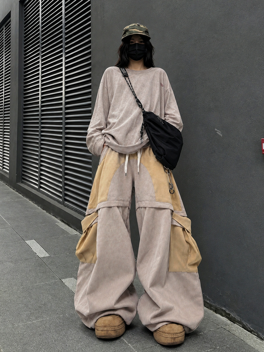UUCSCC Spliced Large-Pocket Wide-Leg Curved Pants