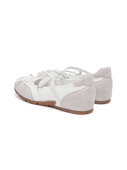 Mary Jane Ballet Sneakers With Bow Lace-Up Detail-White