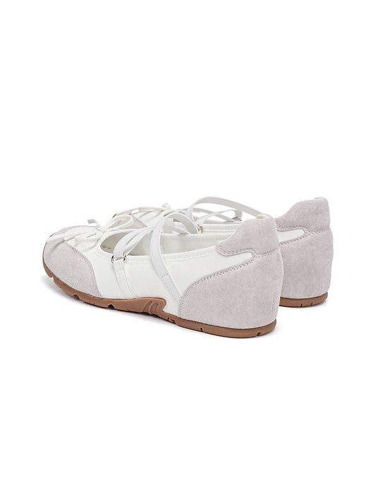 Mary Jane Ballet Sneakers With Bow Lace-Up Detail-White
