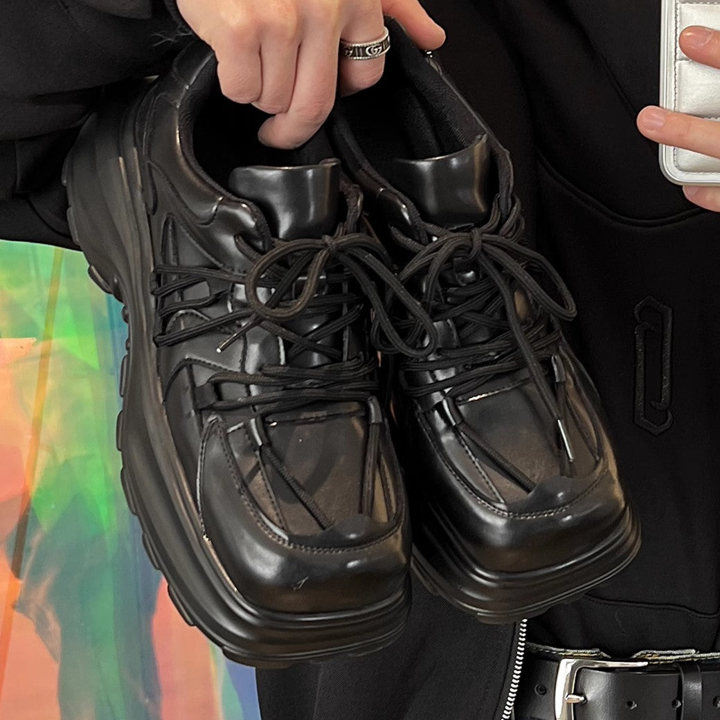 Simple black color thick sole silhouette leather sneakers