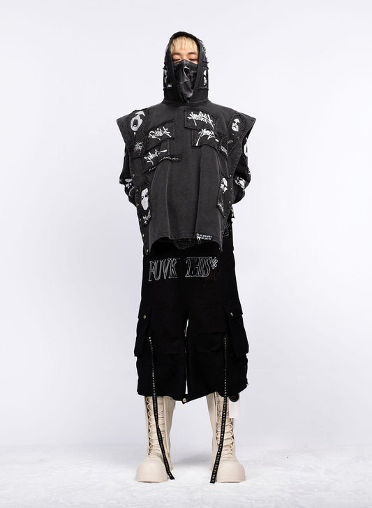 FVVO Distressed Rivet Strap Cargo Shorts Black