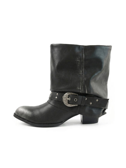 Black Chunky Leather Pointed Ankle Boots
