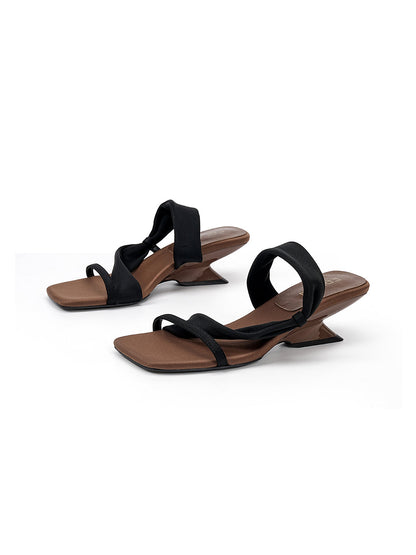 Toe-Loop Asymmetric Strap Sandals With Sculptural Heel