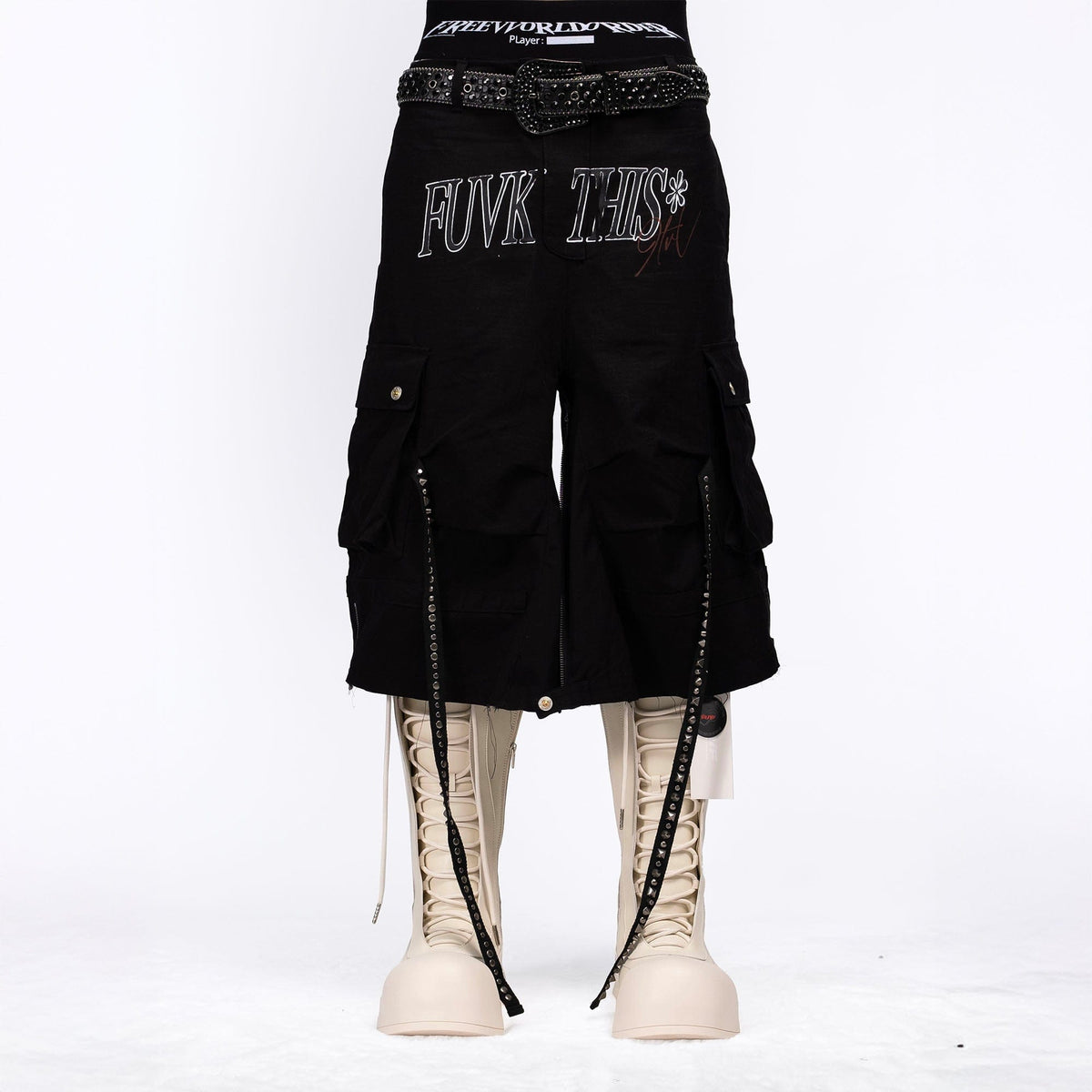 FVVO Distressed Rivet Strap Cargo Shorts Black