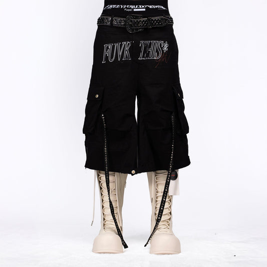 FVVO Distressed Rivet Strap Cargo Shorts Black