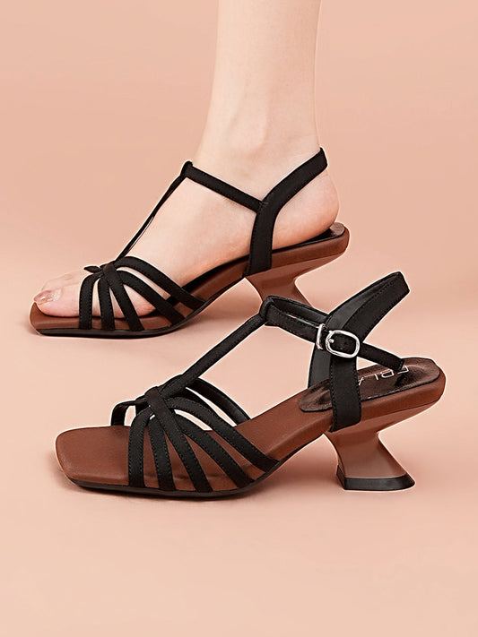 Strappy T-Strap Sandals With Sculptural Cone Heel