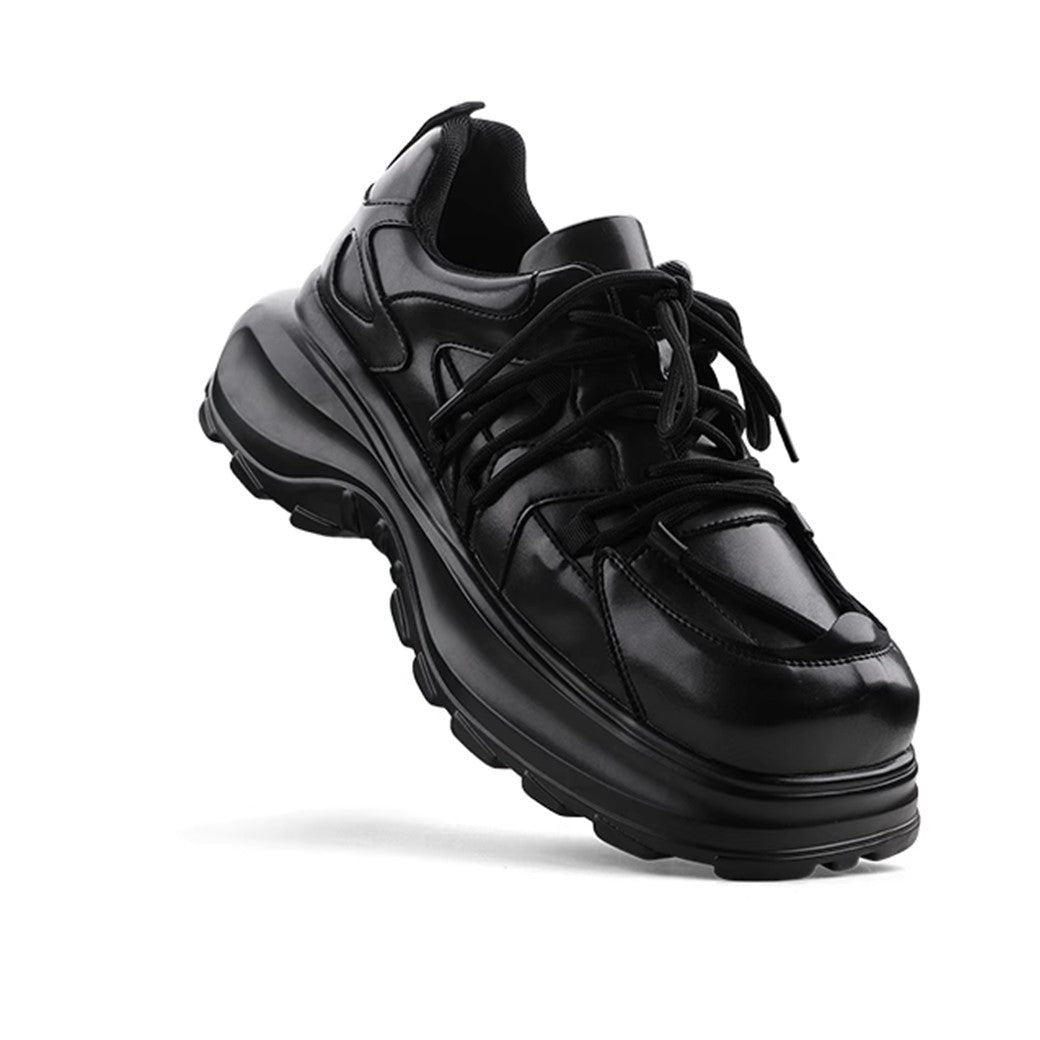 Simple black color thick sole silhouette leather sneakers