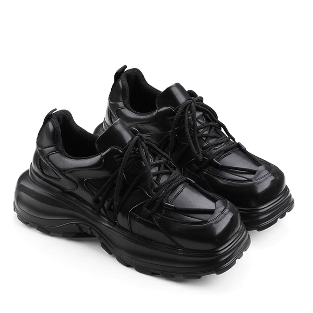 Simple black color thick sole silhouette leather sneakers