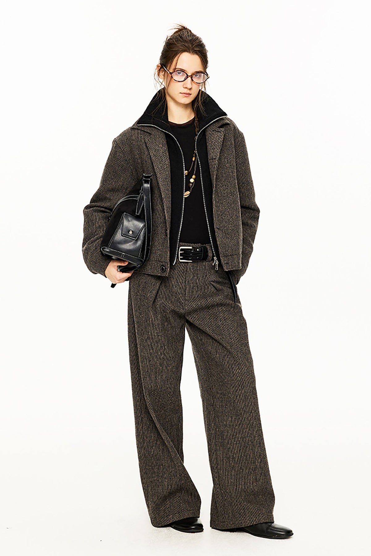 KREATE Mini Houndstooth Pleated Wide-Leg Trousers