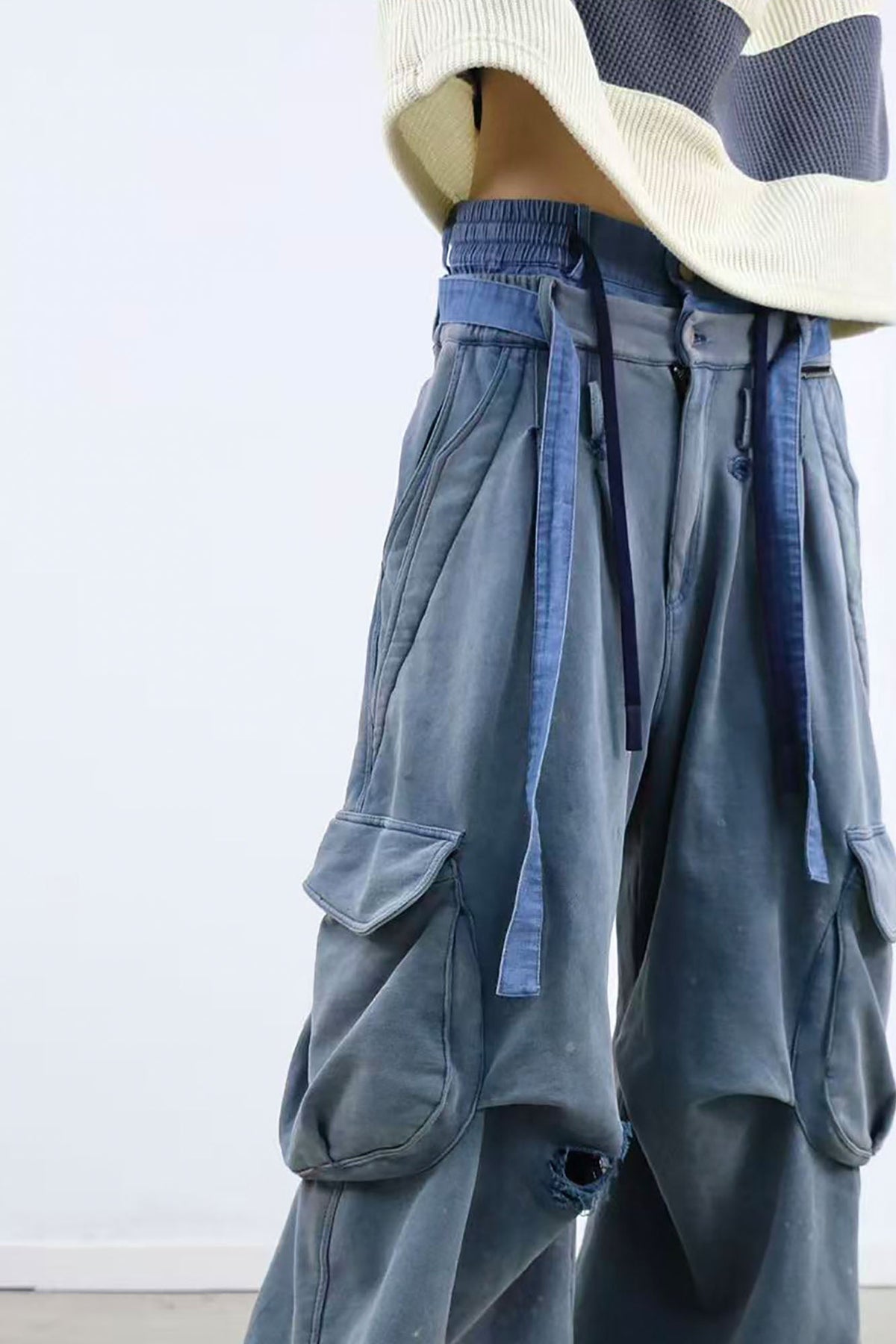 RELABEL Distressed Splatter Double-Waist Cargo Pants