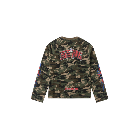 SAVAGEGROWTHWORLD Camo Waffle Knit Graphic Long-Sleeve Tee