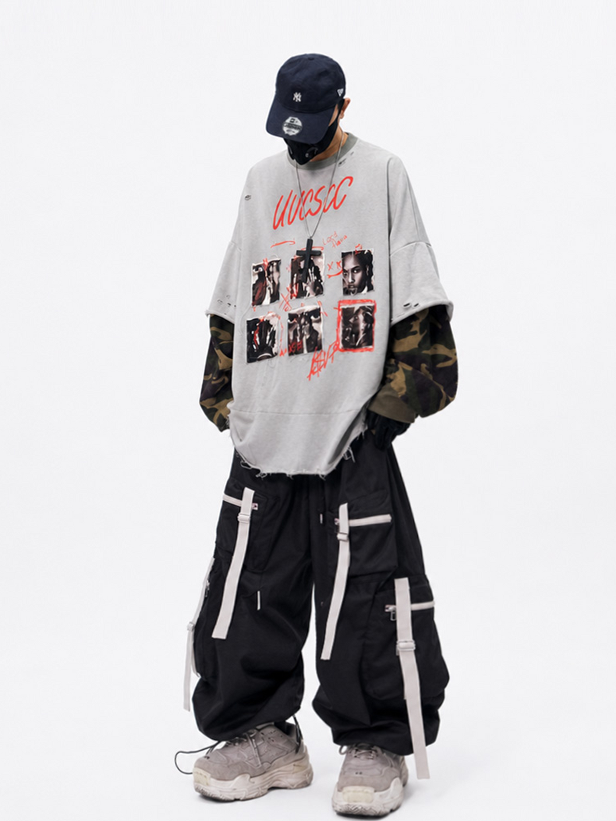 UUCSCC Retro Camo Spliced Distressed Oversized Crewneck Sweatshirt