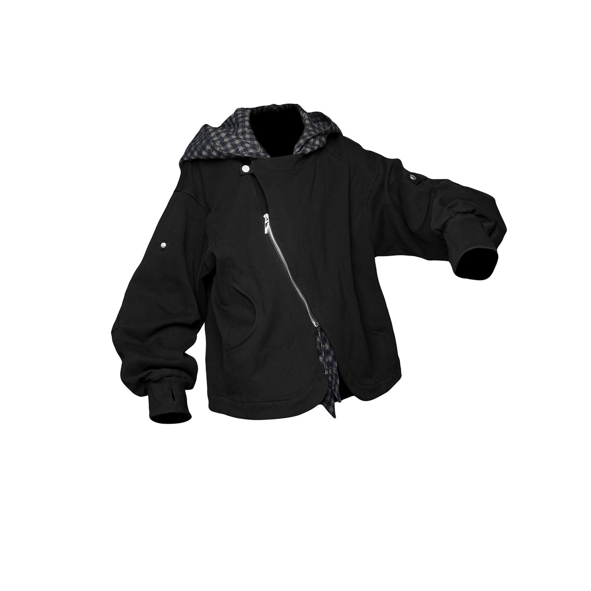 RELABEL Detachable Plaid Hood Jacket Black