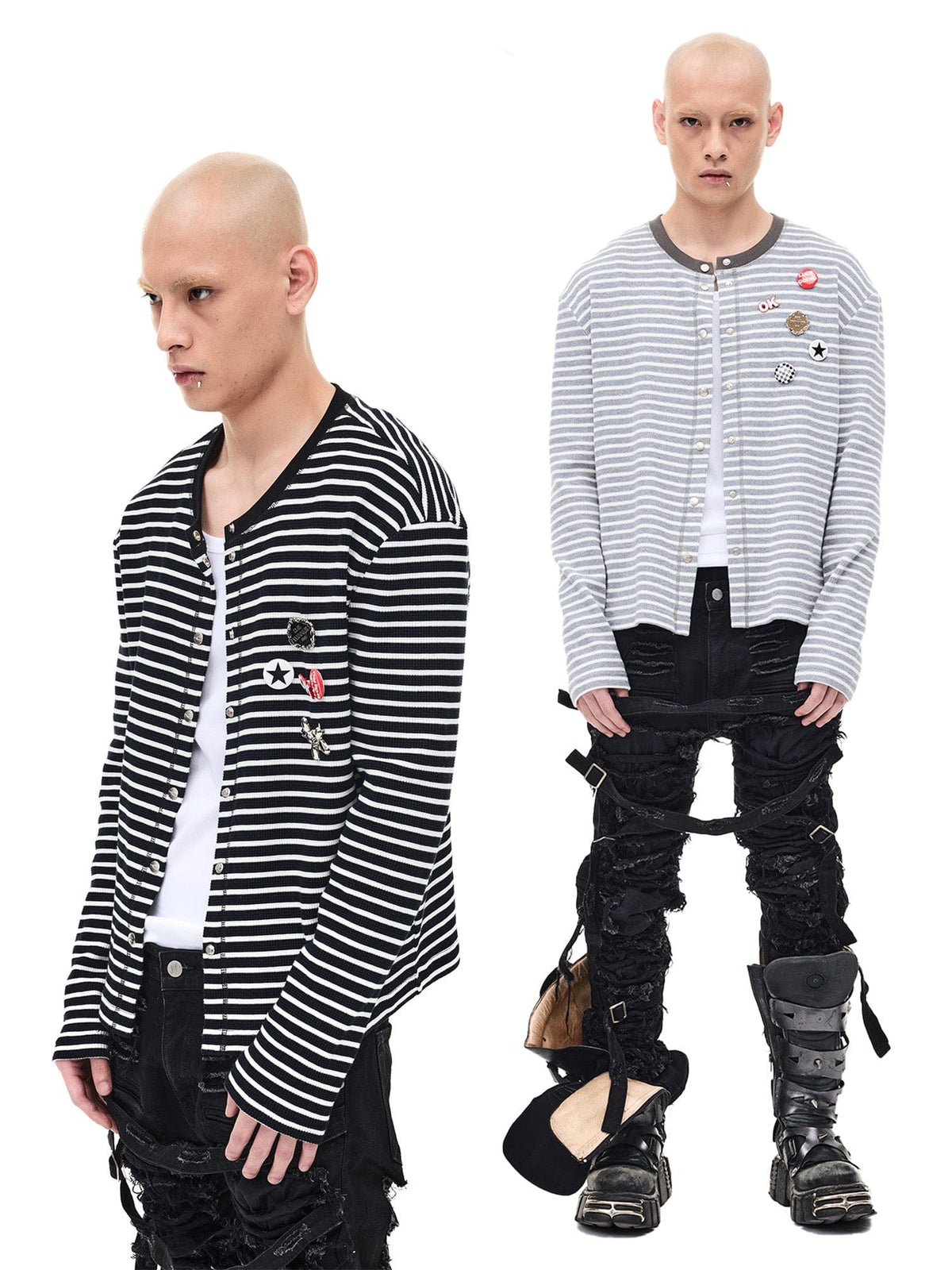WHISTLEHUNTER Striped Badge Snap Slim Cardigan