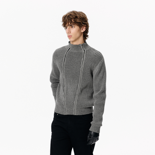 KREATE Double-Zip Ribbed Knit Stand-Collar Cardigan