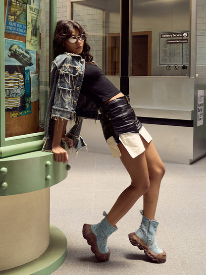 Denim Blue Geometric Planet Fringe Western Ankle Boots