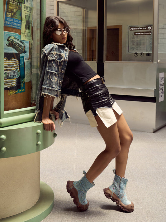Denim Blue Geometric Planet Fringe Western Ankle Boots